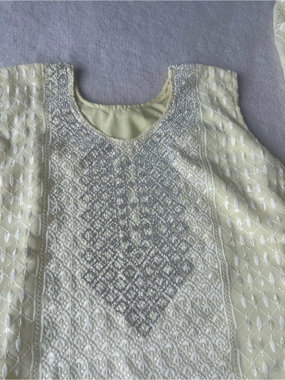 New Light yellow stone work Embroidered 3 piece kurti shalwar and dupatta set - Picture 3 of 8